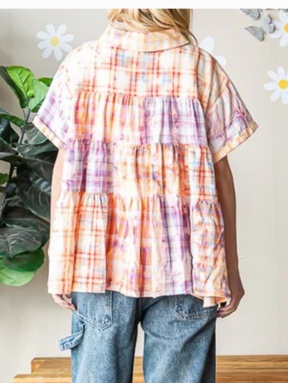 Women’s Short-Sleeve Button-Front Plaid Peplum Top - Pink Multi - Picture 2 of 9